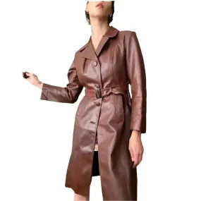 Vintage Chocolate Brown Leather Trench Coat – Classic & Stylish