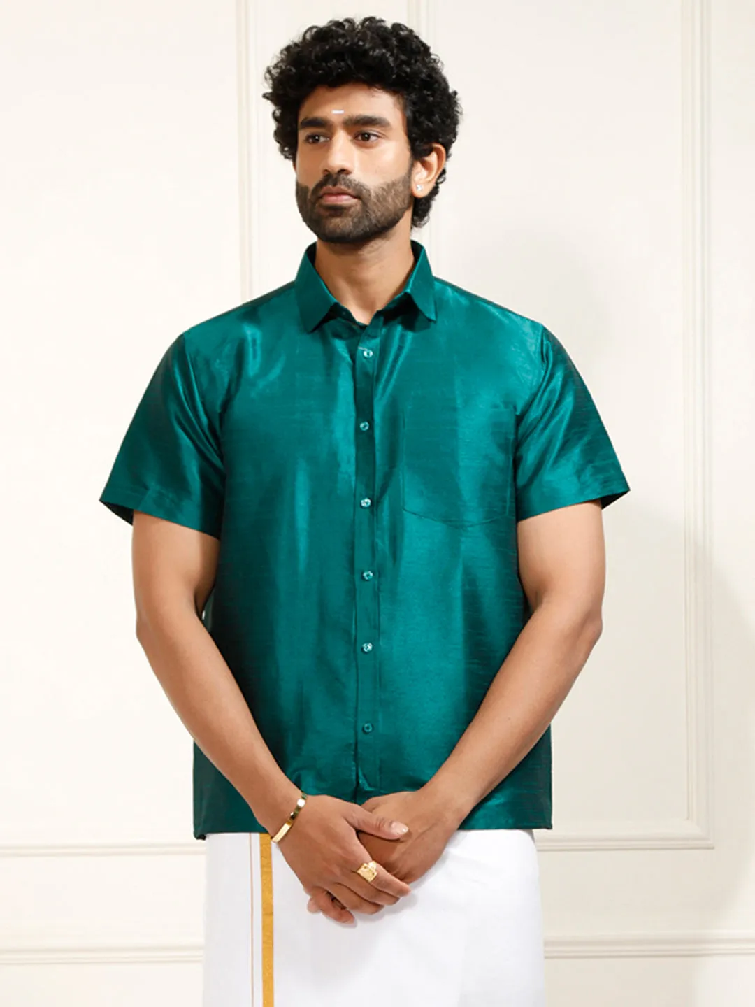 VM By VASTRAMAY Men's Green Silk Blend Ethnic Shirt