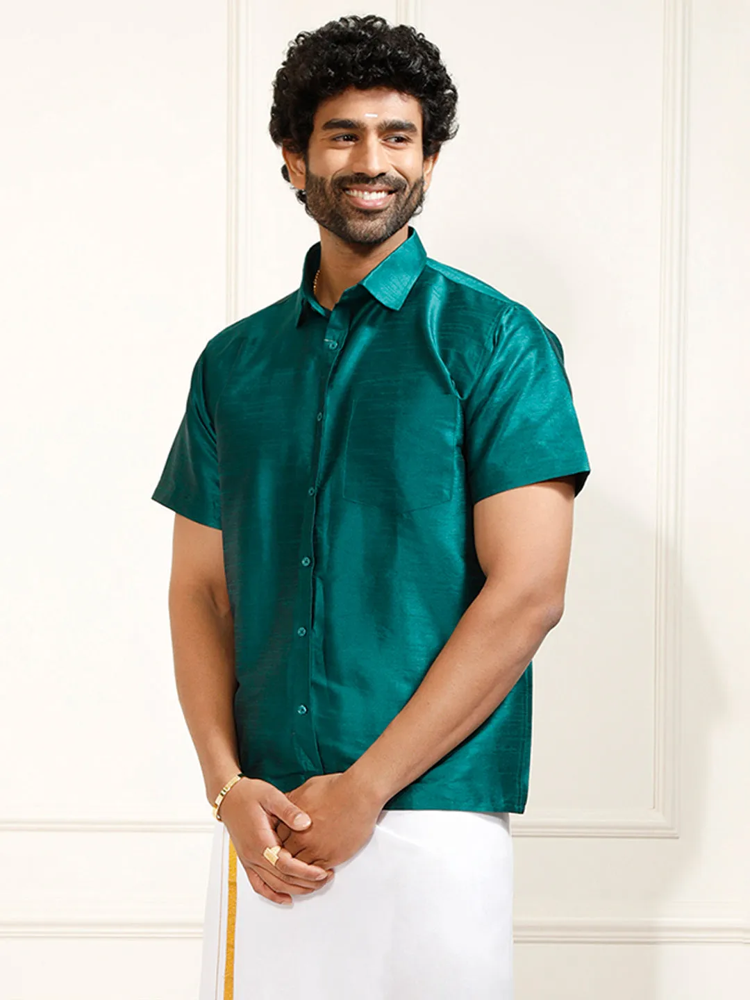 VM By VASTRAMAY Men's Green Silk Blend Ethnic Shirt
