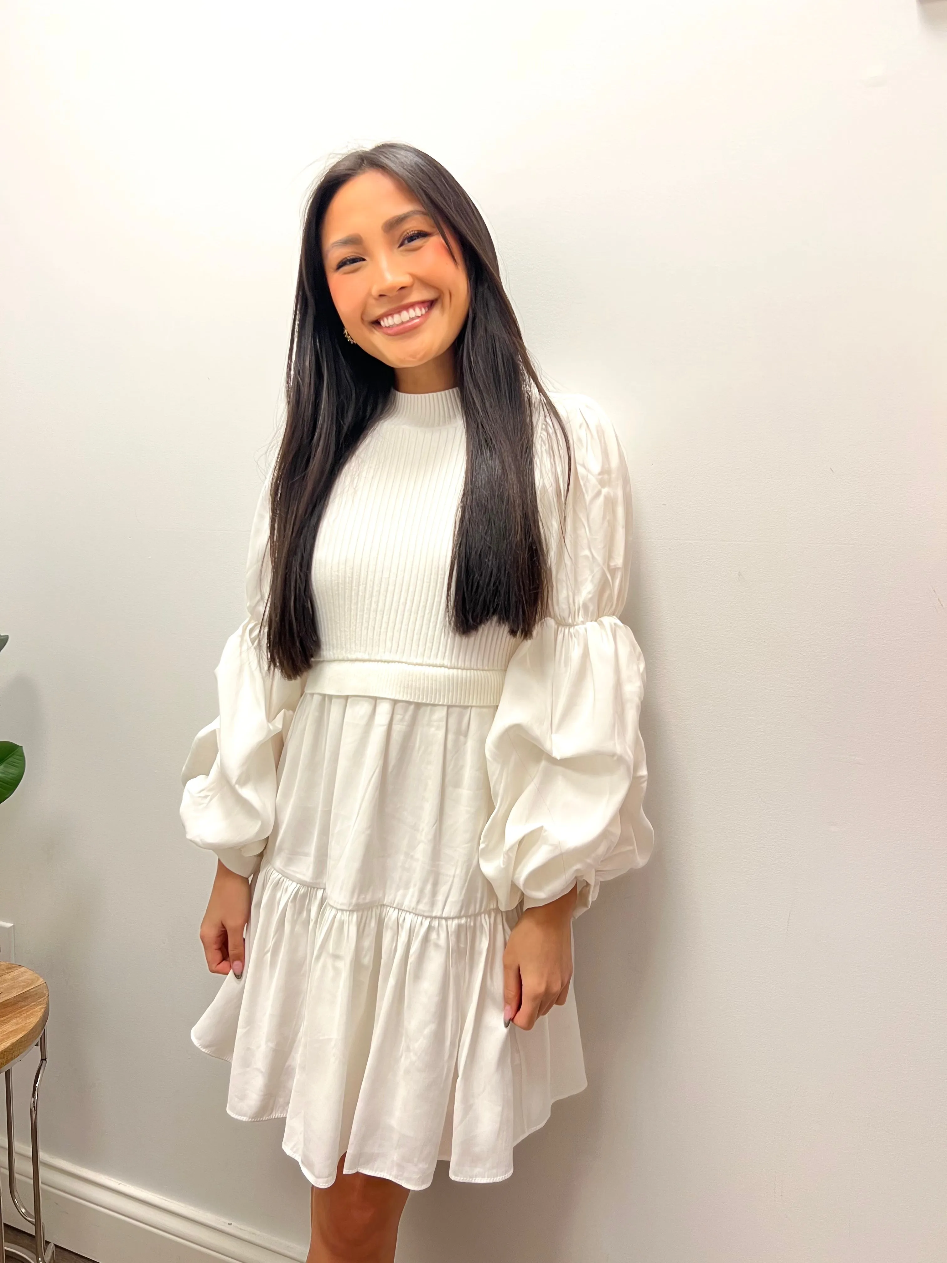 White Bubble Slv Sweater/Tiered Dress
