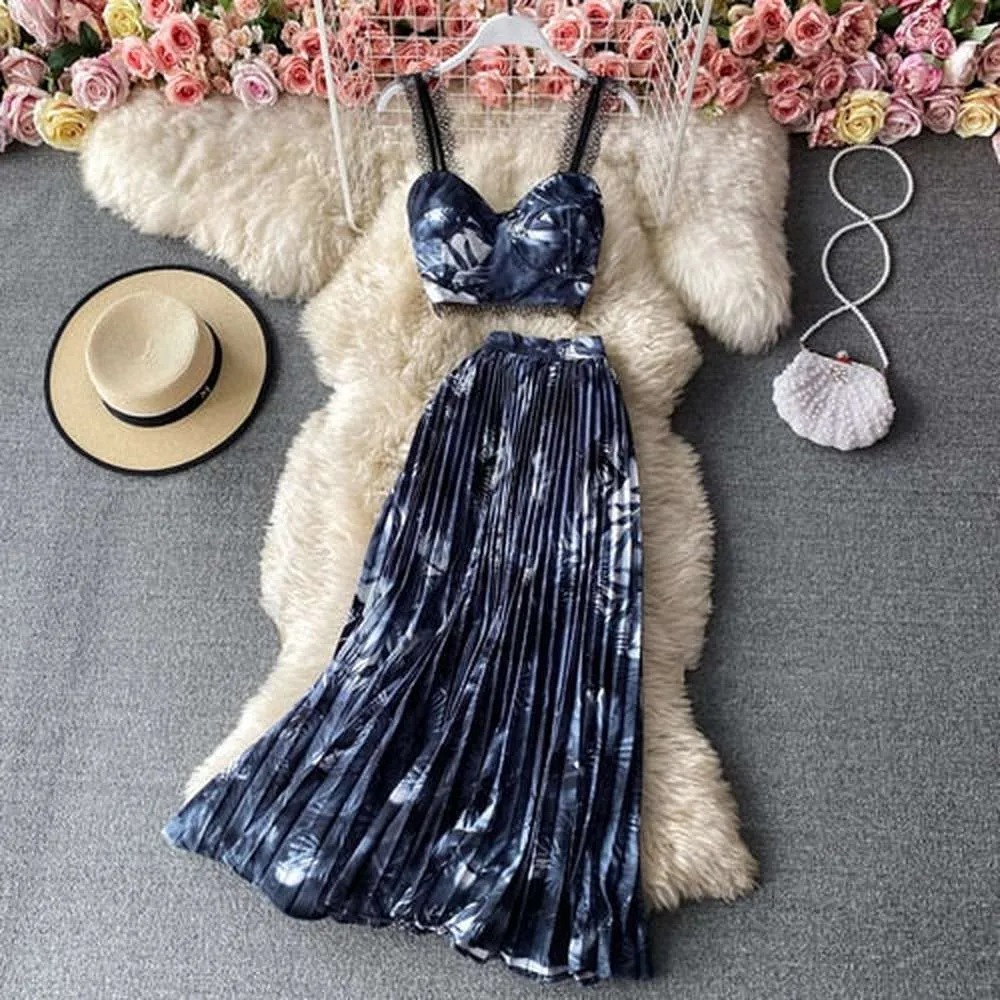Women Bohemian Floral Printed Short Strapless Tops Pleated Long Skirt Suit Set