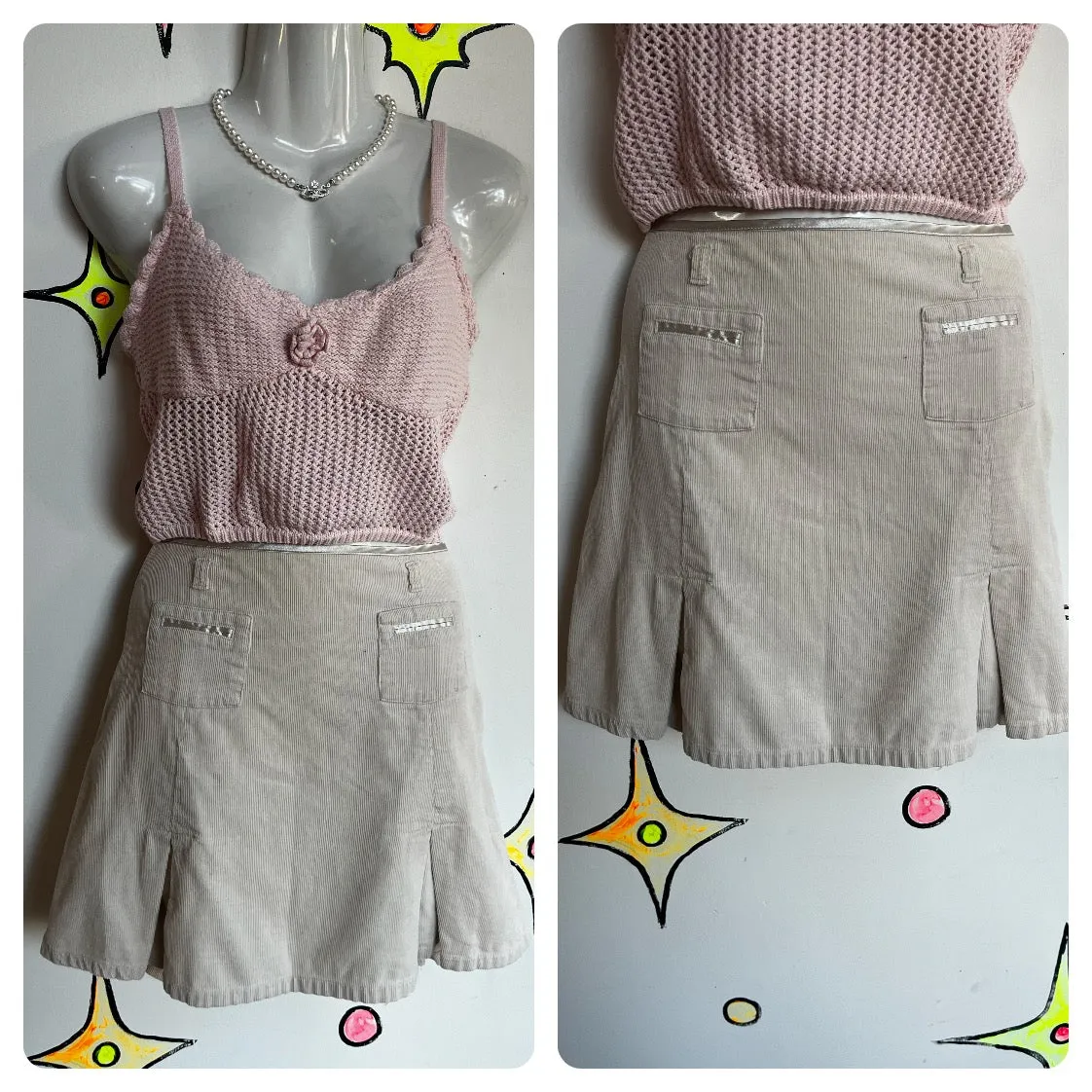 Y2K | Off White Corduroy Pleated Fairy Grunge Coquette Mini Skirt | Size S