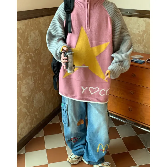 Y2K Star Print Zip Up Up Jumper